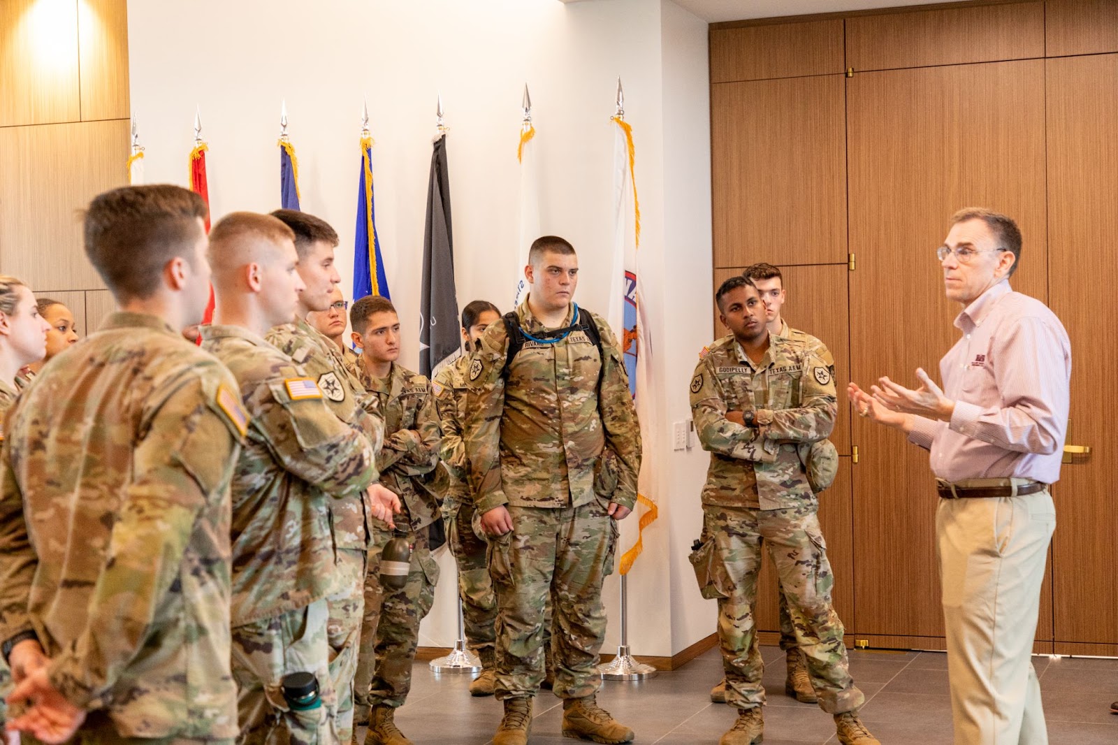 Major General Tim Green '86 introduces cadets to the Bush Combat Development Complex.