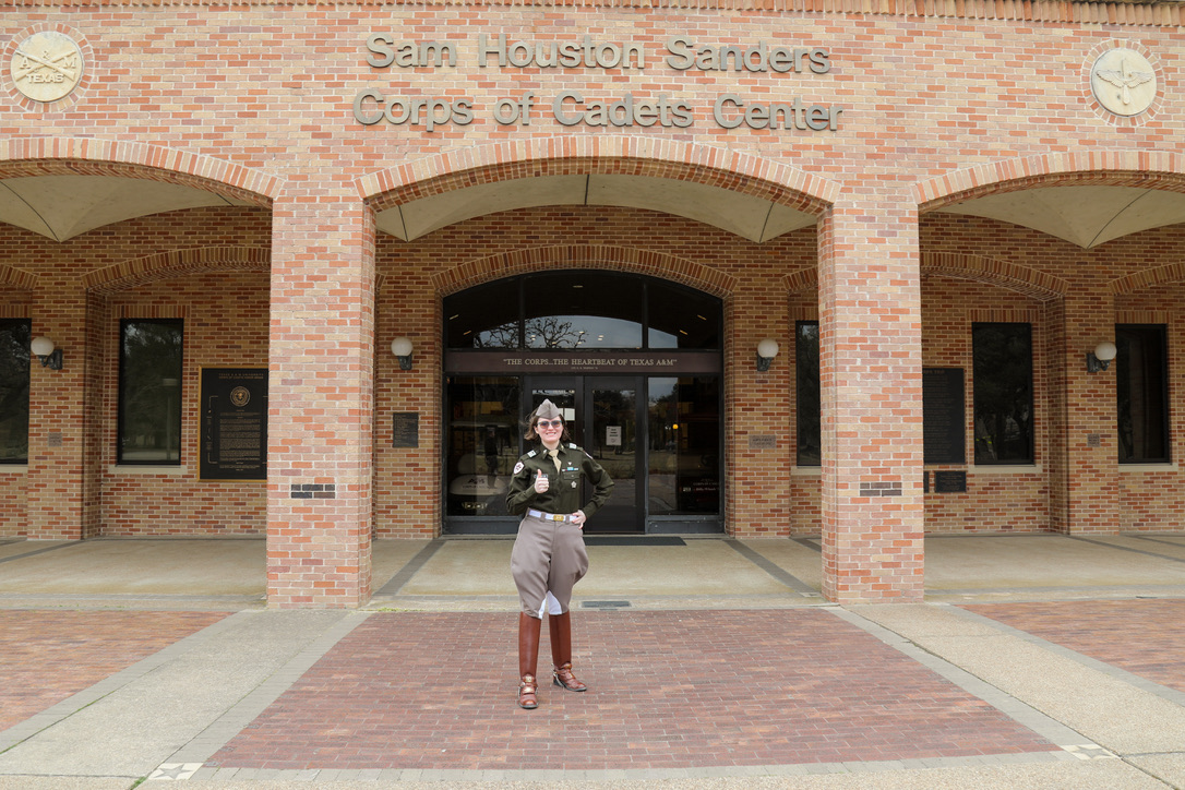 Cadet outside of Sam Houston Sanders Corps of Cadets Center