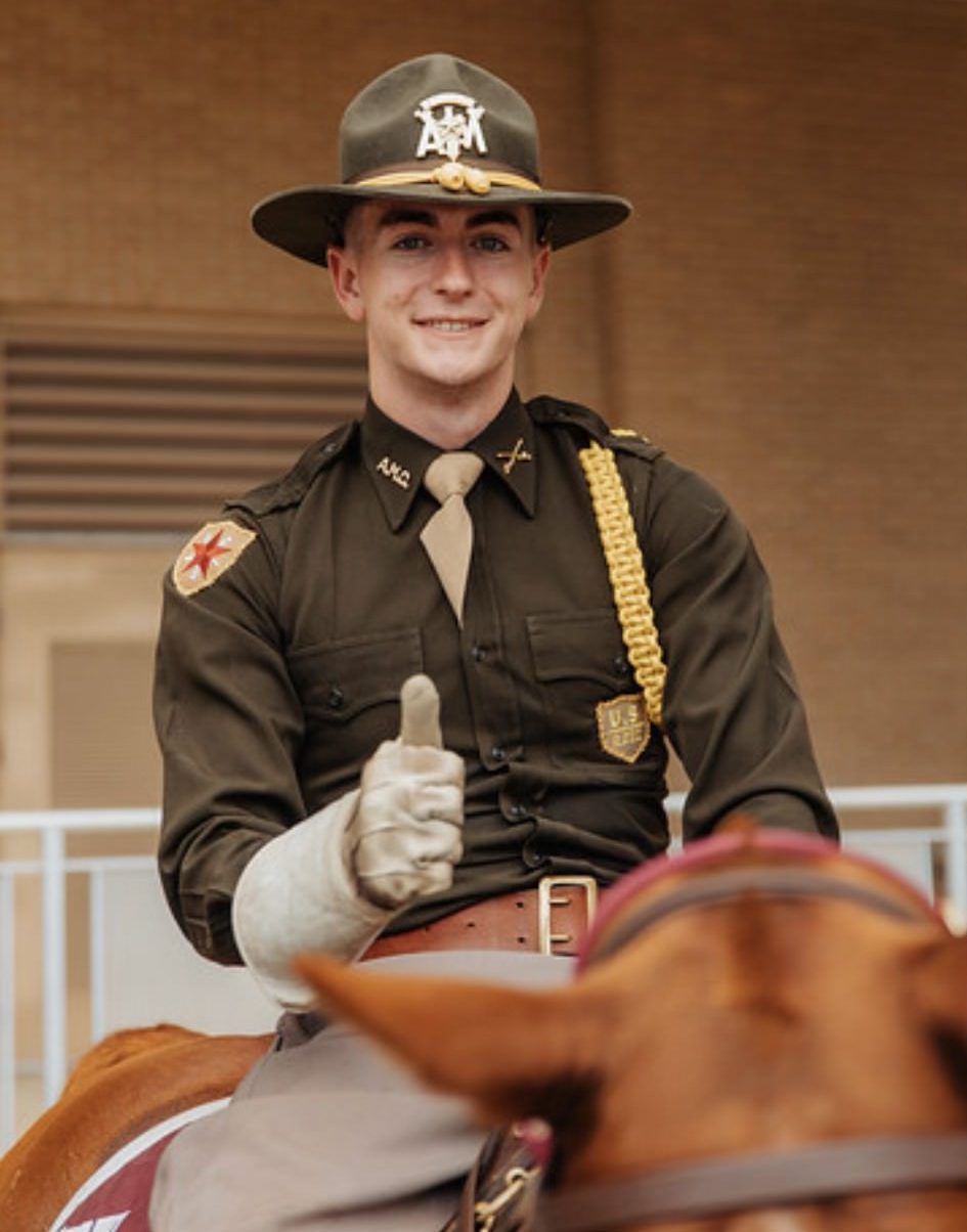 Kyle Nelson '24 on horse wearing PMC uniform
