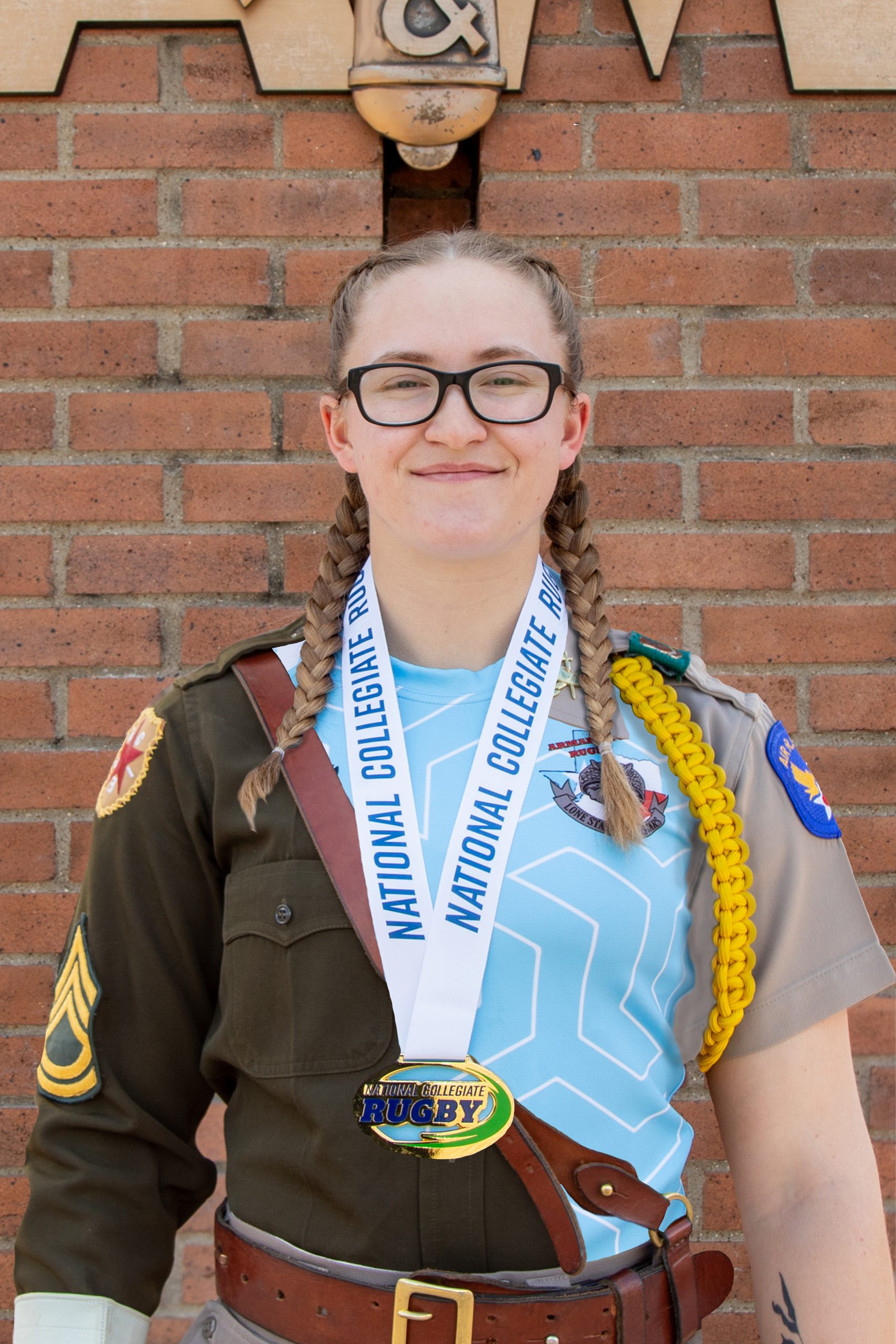 A blended photo of Genevieve Pace wearing her PMC, Rugby and Corps bravos uniforms