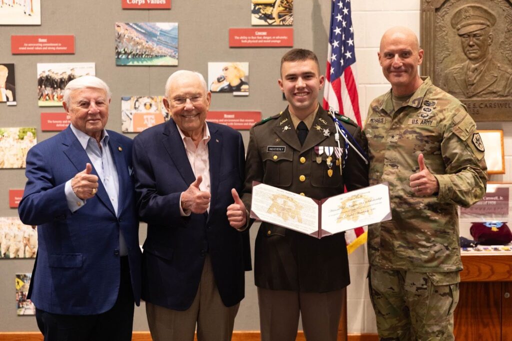 2024 Kupfer Scholarship recipient, Jack Weatherly '26, with Mr. Ray, Mr. Zale and General Michaelis. 