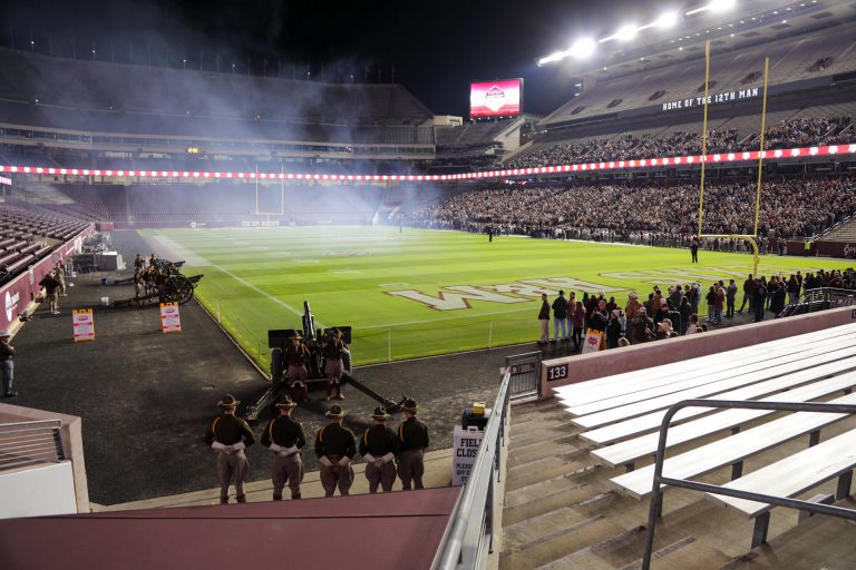 A cannon going off at Kyle Field during Midnight Yell