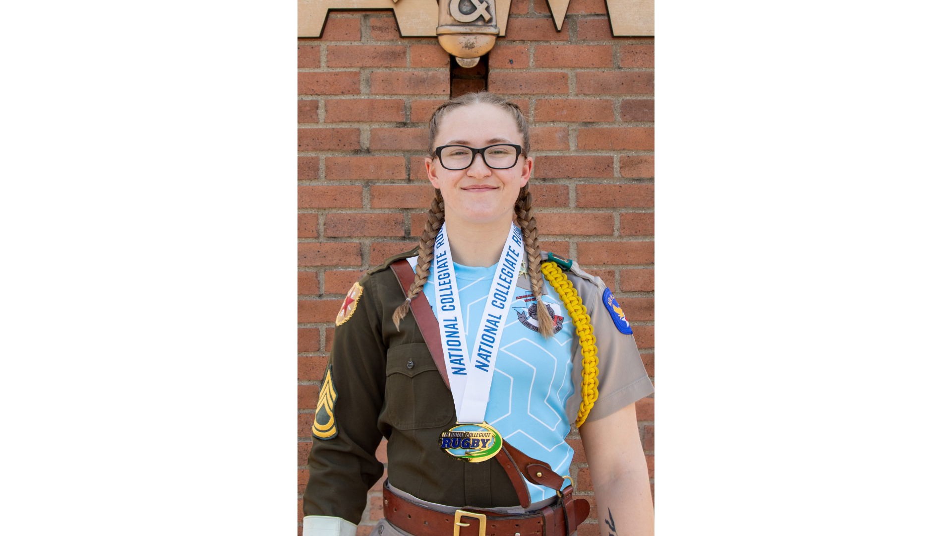 Photo of a girl wearing three different uniforms blended together.